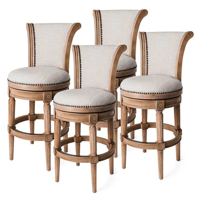 Weathered Oak Swivel Bar Stools with Upholstered Seats, Set of 4