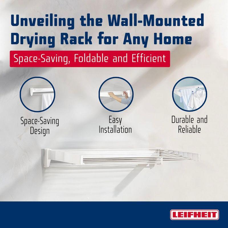 Leifheit Telefix 100 Wall-Mounted Retractable Clothes Drying Rack with 8 Rods, 26 ft. of Drying Space & Sleek Design for Laundry or Dorm Rooms, White