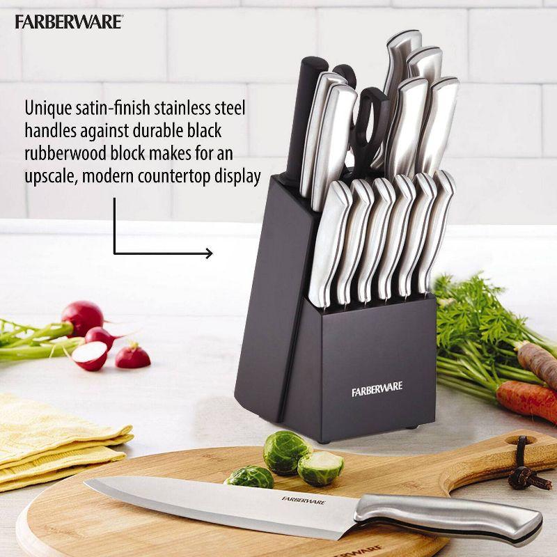 Farberware 15pc Stainless Steel Knife Block Set: Kitchen Knife Set with Block, Serrated Blades, Hand Wash, Silver