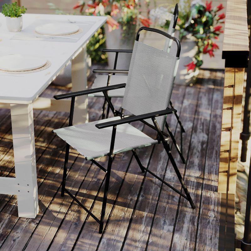 Flash Furniture Set of 2 Mystic Folding Patio Sling Chairs, Outdoor Textilene Lawn Chairs with Armrests in Gray