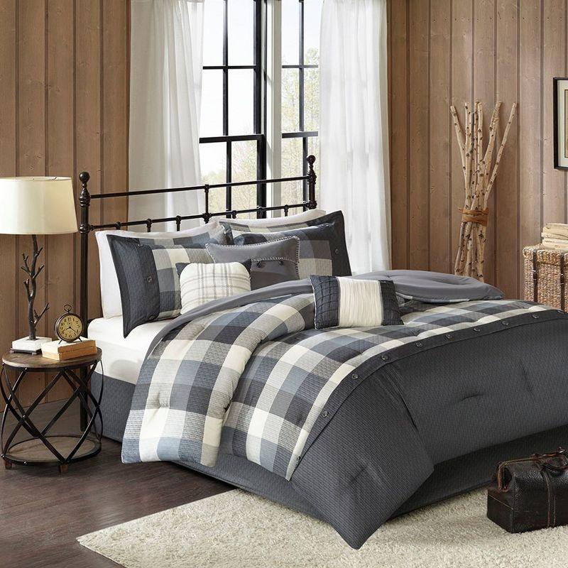 7 Pcs Stylish Buffalo Plaid Print Comforter Set, All Season Bedding Sets, Cozy Home Textile for Modern Bedroom Decor, Grey, Queen