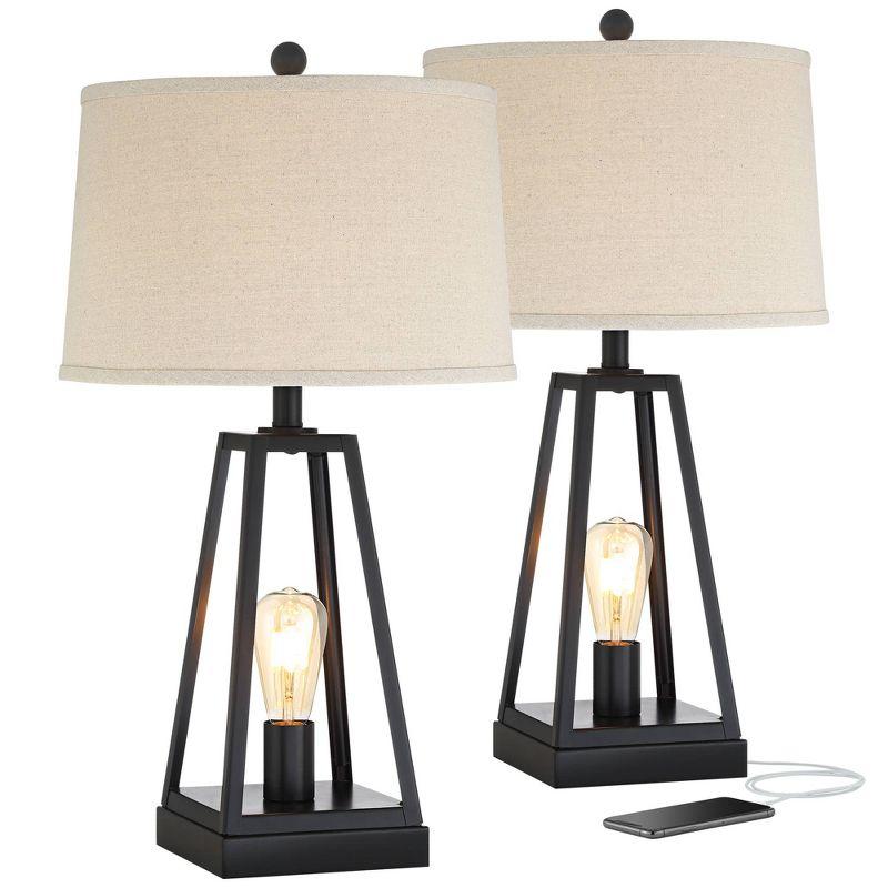 Edison Black Metal Table Lamps with USB Ports and Oatmeal Shades