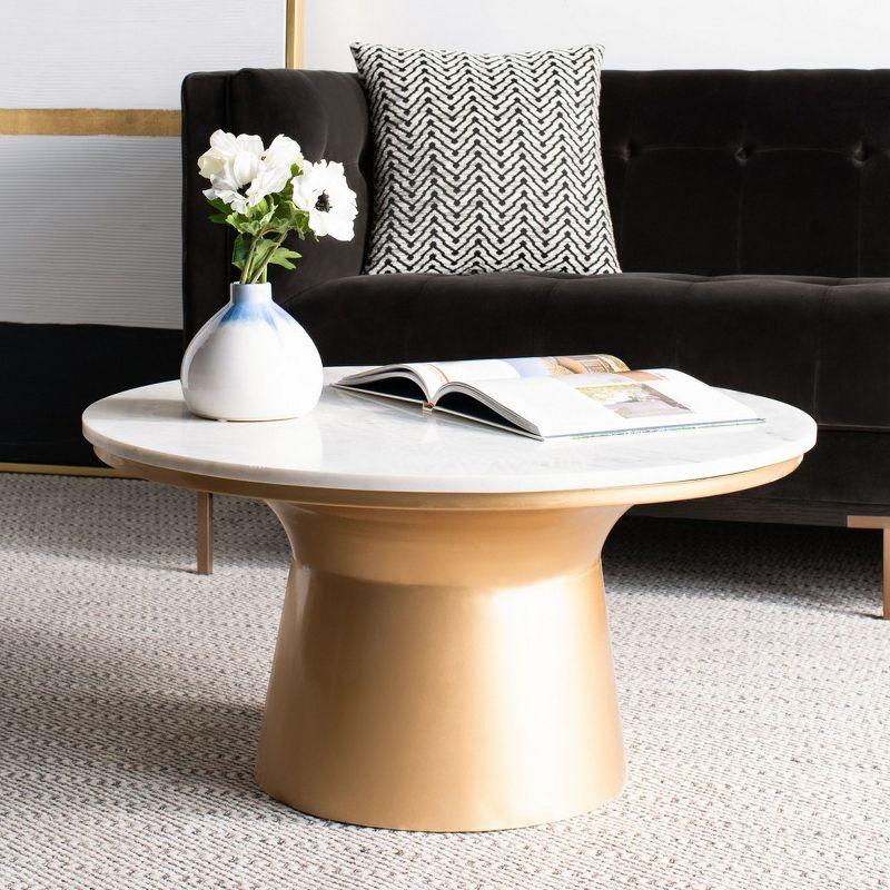 White Marble and Brass Round Pedestal Cocktail Table