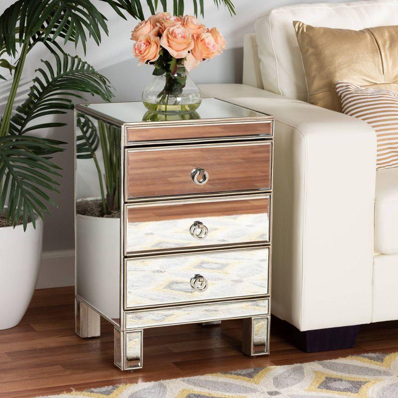 Ewan Mirrored 3 Drawer Nightstand Silver - Baxton Studio: Wood Frame, Reflective Surface, No Assembly Required