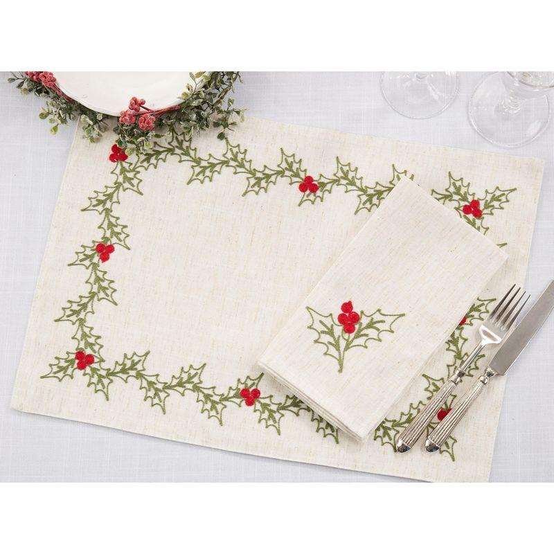 Saro Lifestyle Embroidered Holly Table Mats & Napkins 8 pcs Set (4 Placemats, 4 Napkins)