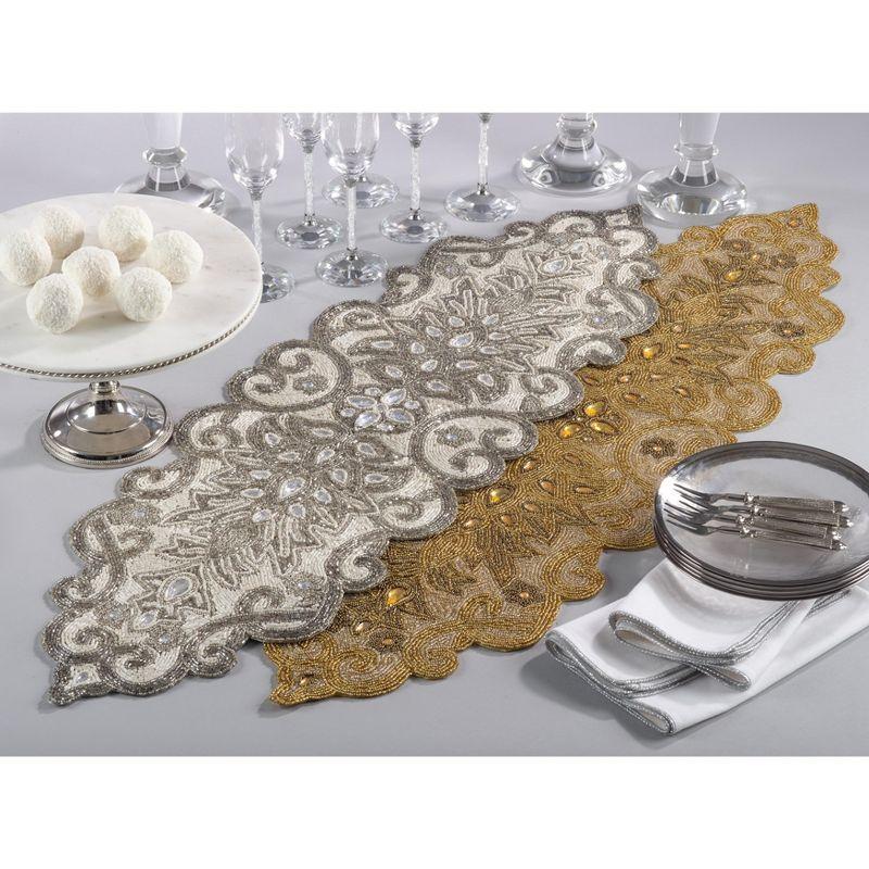 Saro Lifestyle Beaded Jeweled Scroll Motif Elegant Glam Design Table Runner, Silver, 12" x 38"