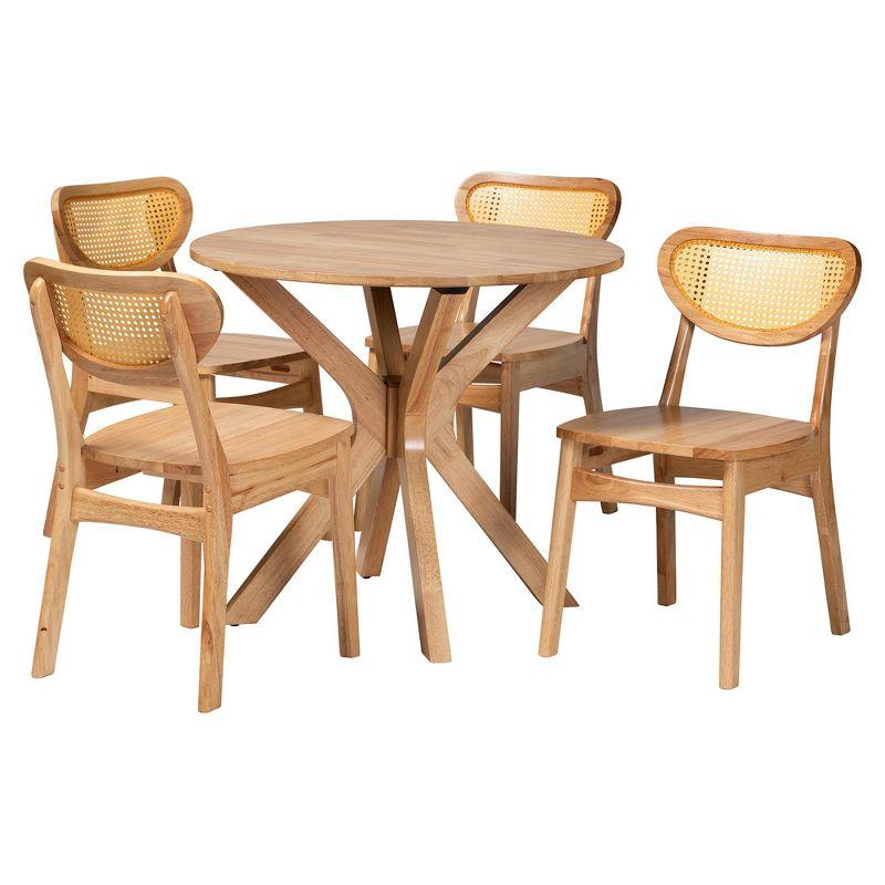 Oak Brown Wood and Rattan 5-Piece Dining Set with Round Table