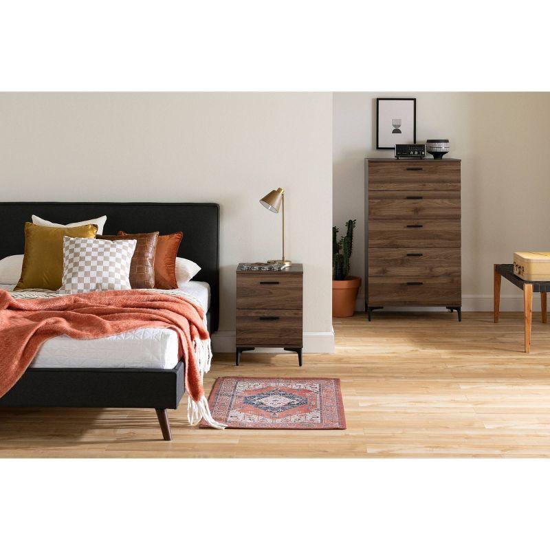 South Shore Musano Nightstand Natural Walnut: Modern Urban Bedside Table with Metal Handles & Legs, 2 Drawers