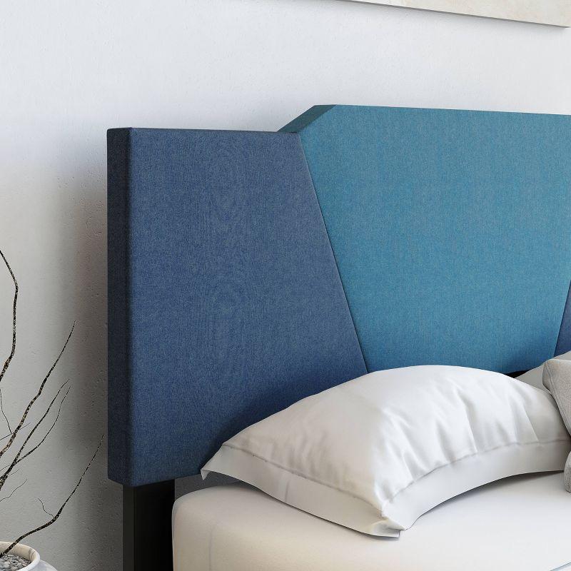 Queen Blue Upholstered Wood Frame Bed with Linen Headboard