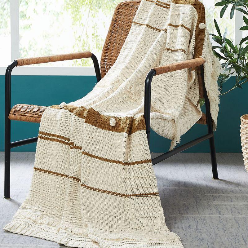 Ivory and Gold Cotton Knit Reversible Throw Blanket