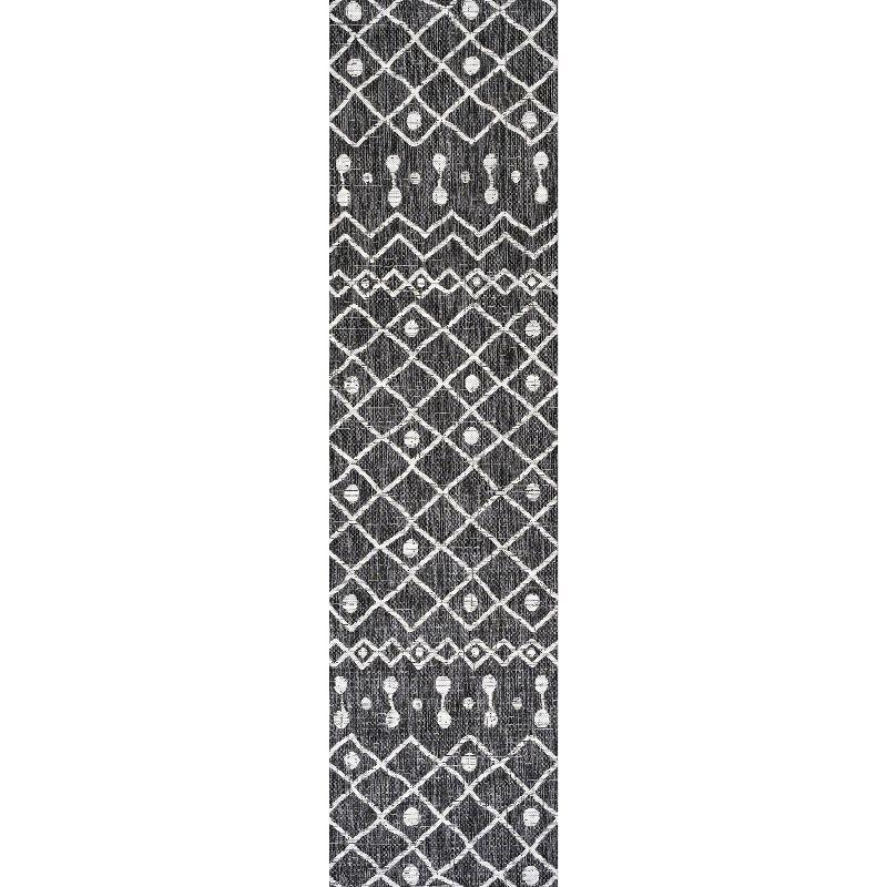 2'x10' Nokat Modern Bohemian Styled Indoor/Outdoor Runner Rug, Black/Ivory - JONATHAN Y