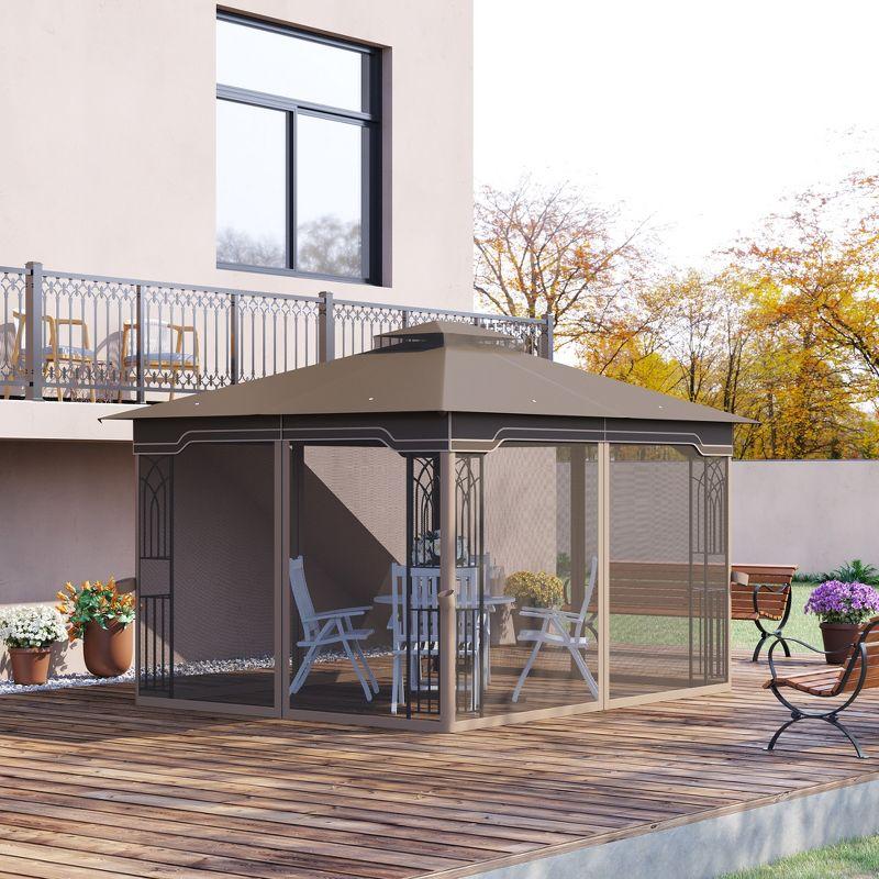 Taupe and Greige Steel Patio Gazebo with Double Tier Roof