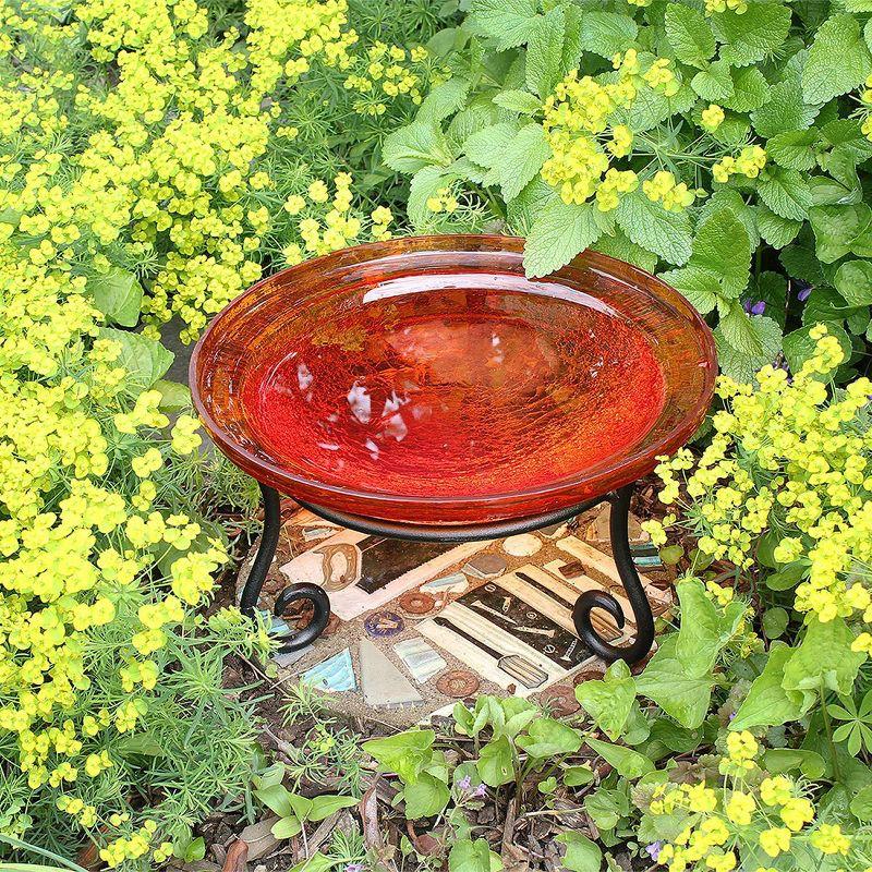 Mandarin Orange Crackle Glass Birdbath with Wrought Iron Stand