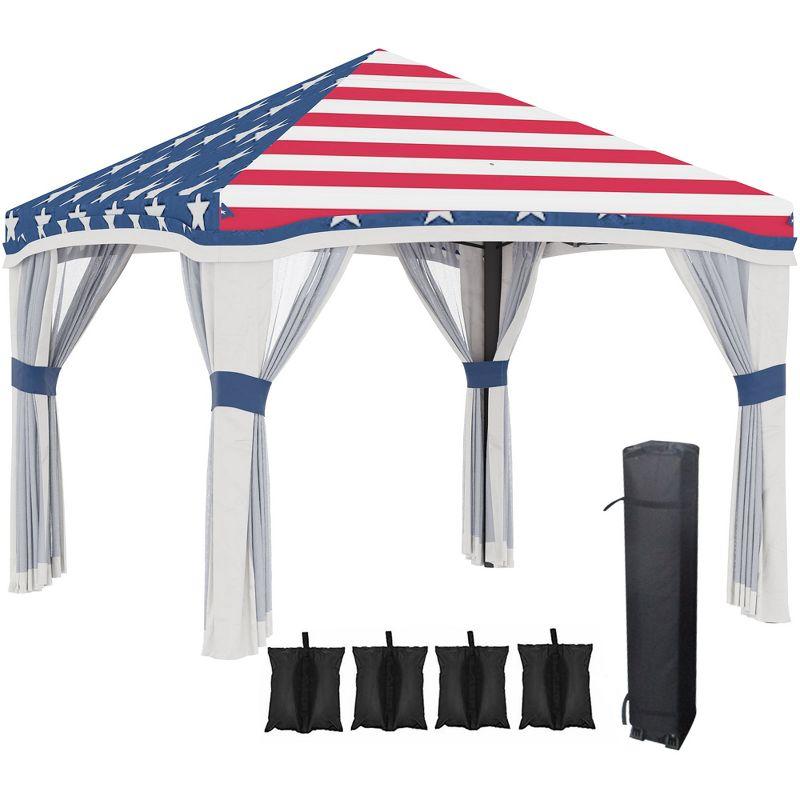 Outsunny 10' x 10' Pop Up Canopy Tent with Netting, Instant Tents for Parties, Height Adjustable, with Wheeled Carry Bag and 4 Sand Bags for Outdoor, Garden, Patio