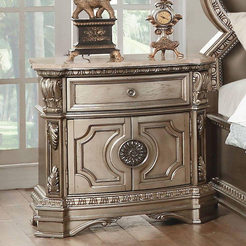 Antique Silver Marble Top Nightstand with Carved Feet