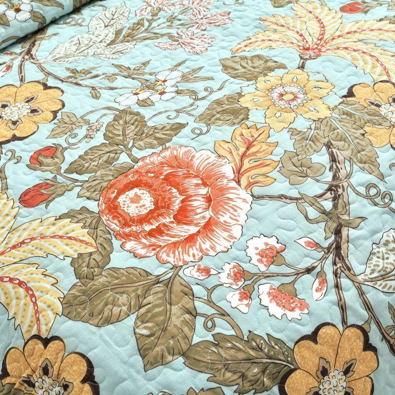 King Blue Green Cotton Reversible Floral Quilt Set