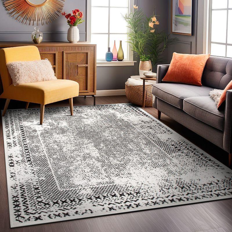 Black Geometric 5' x 7' Synthetic Easy Care Area Rug