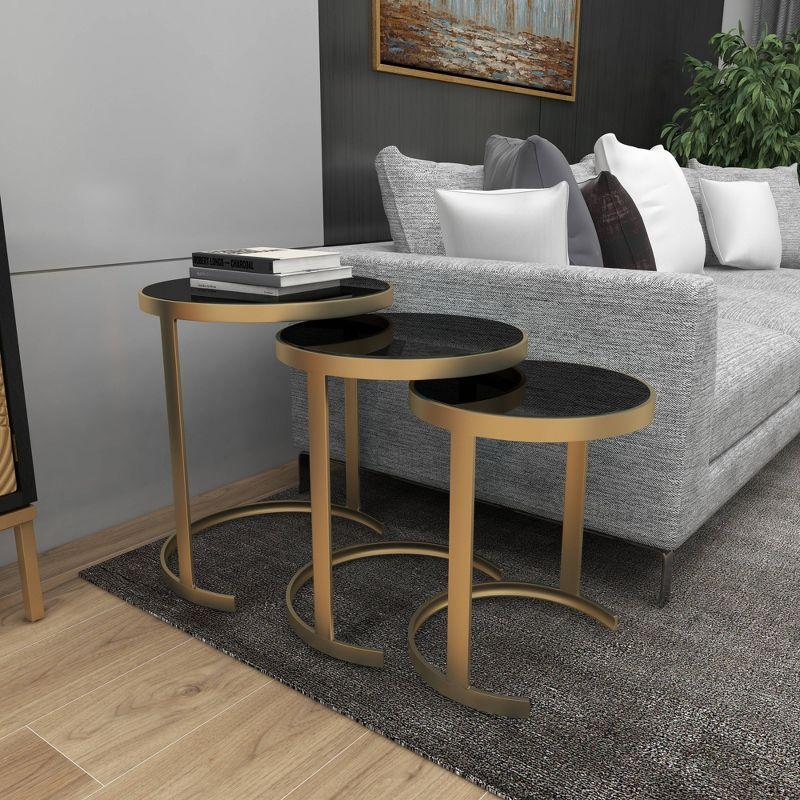 Elegant Gold Metal and Mirrored Glass Round Nesting Tables, Set of 3