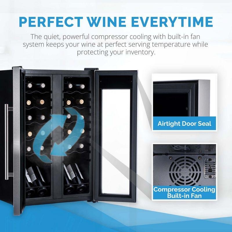 Newair 24 Bottle Wine Cooler Refrigerator, French Door Dual Temperature Zones, Freestanding Wine Fridge with Stainless Steel & Double-Layer Tempered G