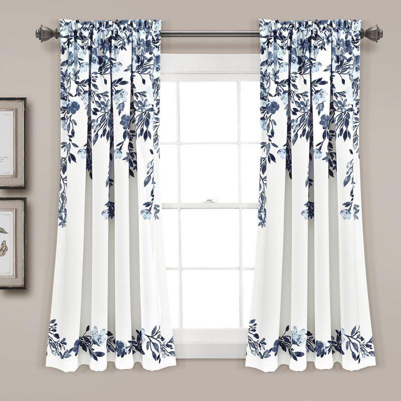 Navy and White Floral Blackout Polyester Curtain Panels