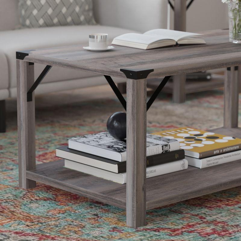Flash Furniture Wyatt Modern Farmhouse Wooden 2 Tier Coffee Table with Black Metal Corner Accents and Cross Bracing, Gray Wash