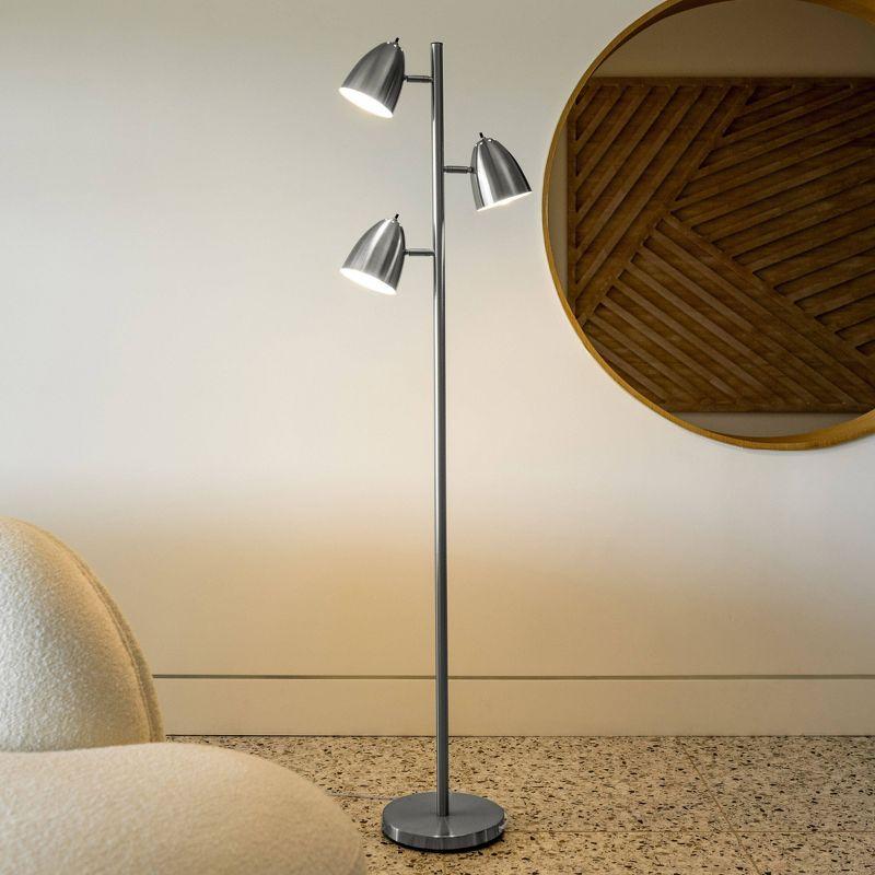 Brightech Jacob 64" Modern 3-Light Adjustable LED Floor Lamp with Silver Finish and Metal Cone Shades, Bulbs Included