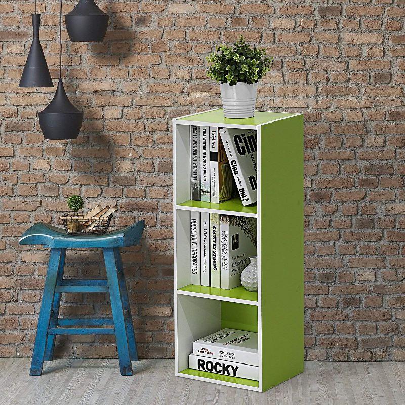 Sleek White 3-Tier Open Shelf Bookcase with Green Accents