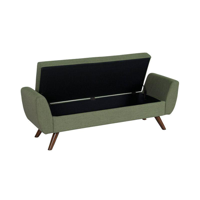 Olive Green Woven Modern Storage Bench with Mid-Tone Walnut Legs