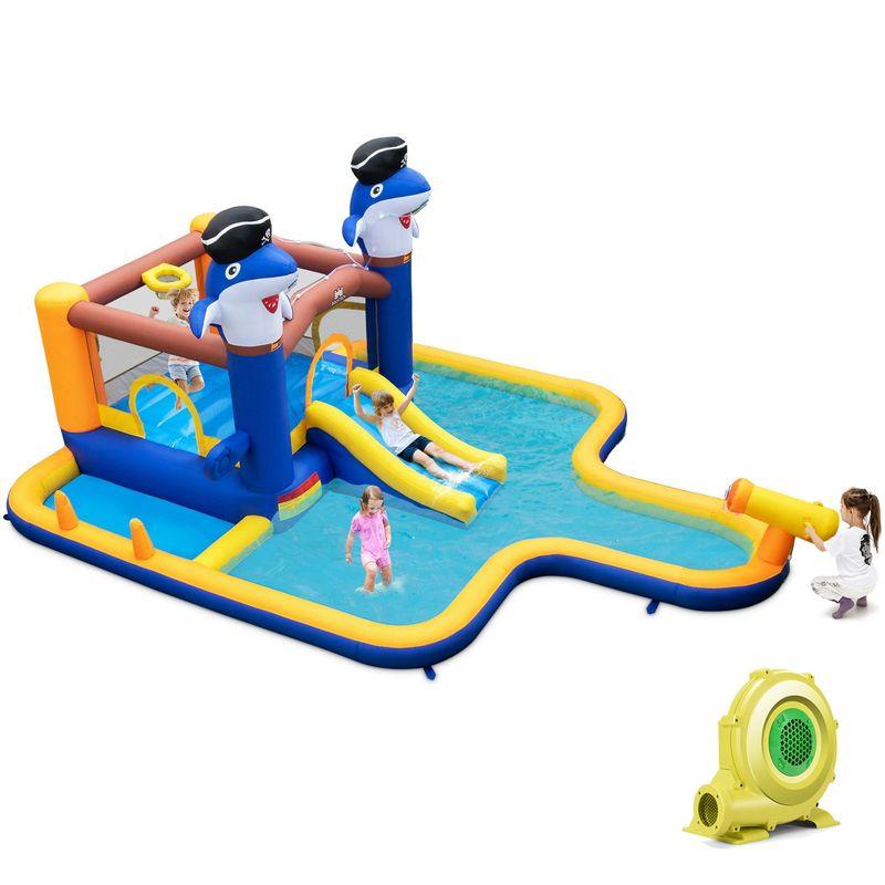 Costway Inflatable Water Slide Park Bounce House Splash Pool Water Cannon with 735W Blower