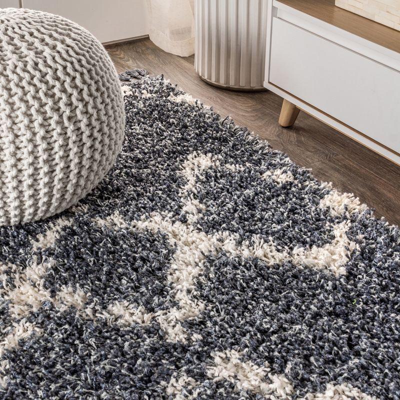 3'x5' Mercer Shag Plush Tassel Moroccan Geometric Trellis Area Rug, Denim/Cream - JONATHAN Y