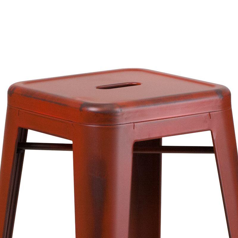 Merrick Lane Metal 30" Bar Height Stool with Distressed Kelly Red Powder Coated Finish and Integrated Floor Glides