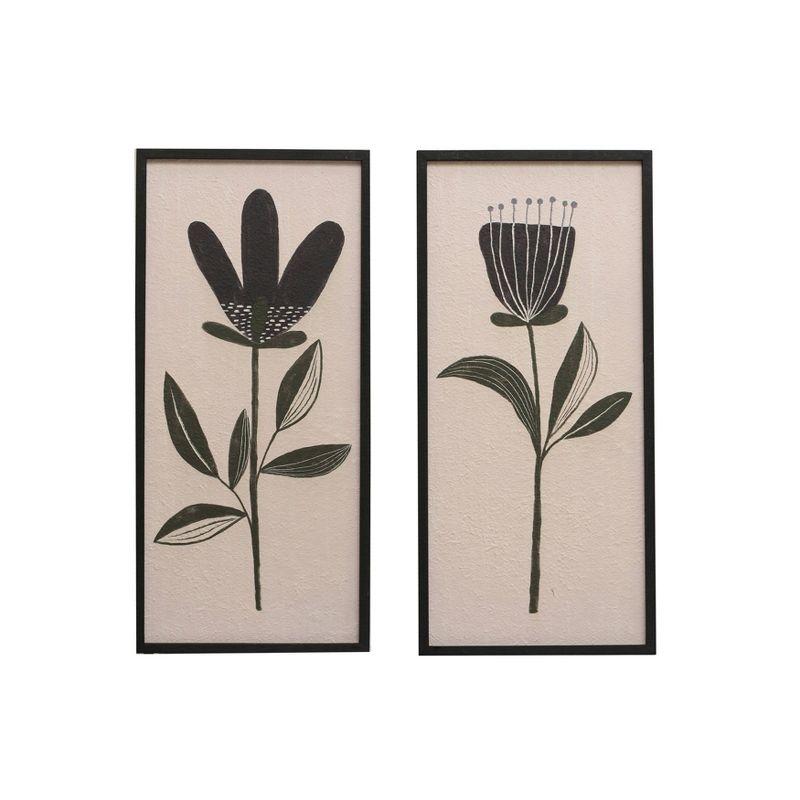 Black and Green Botanical Flower Prints on Canvas with Wood Frame, 30" Set of 2