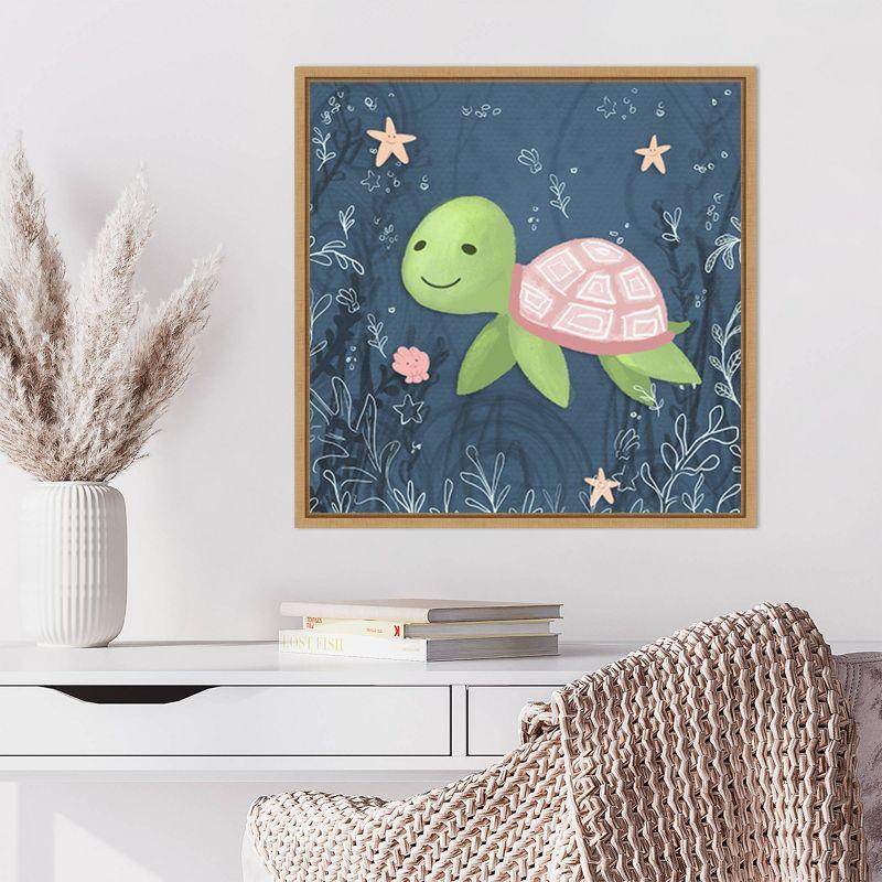 Seahorse and Turtle Blue II Canvas Wall Art with Maple Frame