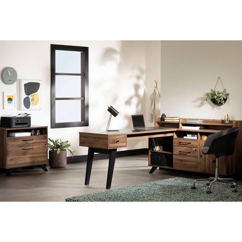 Natural Walnut L-Shaped Executive Desk with Hutch and Power Outlet