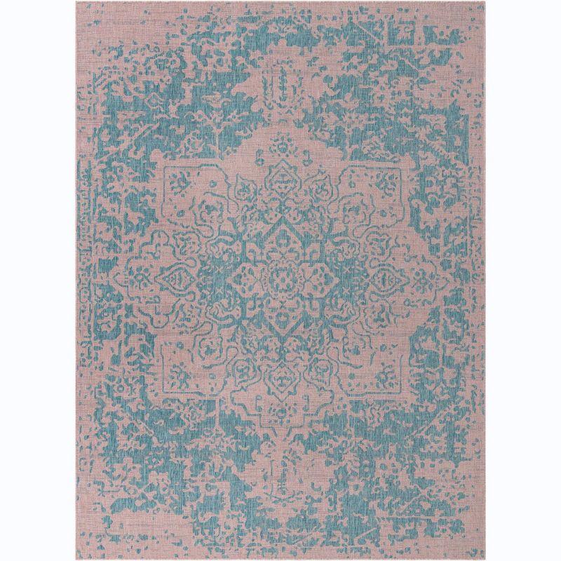 Aqua and Pink Medallion 9' x 12' Outdoor Rectangular Rug