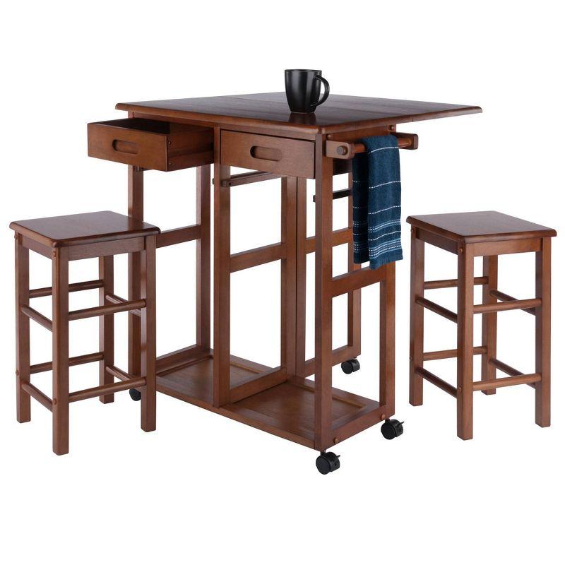 3pc Suzanne Space Saver Drop Leaf Dining Set Teak - Winsome: Compact, Storage Drawers & 2 Stools