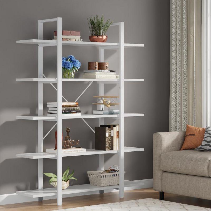 White 5-Tier Adjustable Metal and Wood Bookshelf