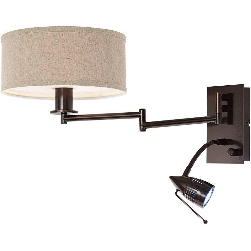 Possini Euro Design Radix Modern Swing Arm Wall Lamp Bronze with Cord Cover LED Reading Light Plug-in Light Fixture Oatmeal Shade for Bedroom Bedside