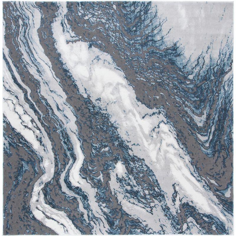 Blue and Grey Abstract Square Synthetic Area Rug