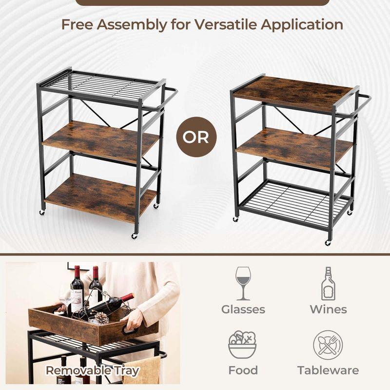 Costway 3-Tier Bar Cart with Detachable Tray 4 Lockable Casters & 1 Handy Handle