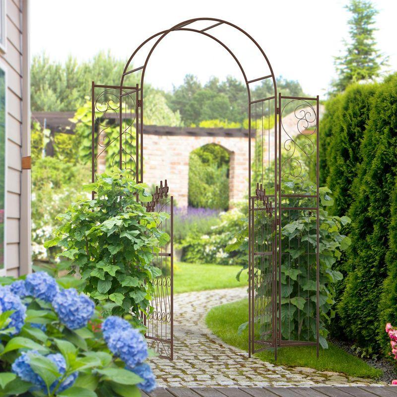 Outsunny 54.25'' W x 15.25'' D Metal Arbor with Gate in Brown