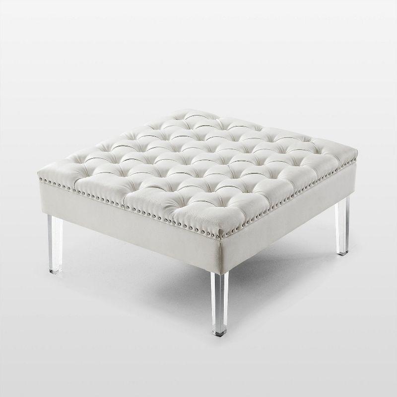 Inspired Home Coco PU Leather Oversized Button Tufted with Silver Nailhead Trim Clear Acrylic Leg Cocktail Ottoman, Espresso
