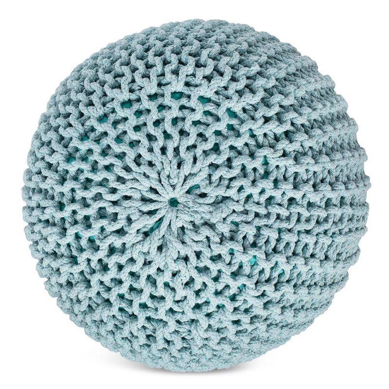 Sage Green Hand-Knitted Cotton Round Pouf Ottoman