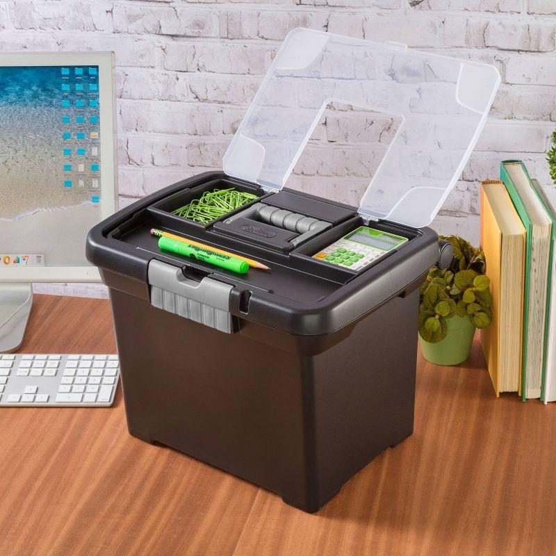 Sterilite Medium Letter File Box Black: Plastic File Organizer with Handle & Clear Cover, 8.5x11 Inch Storage Bin