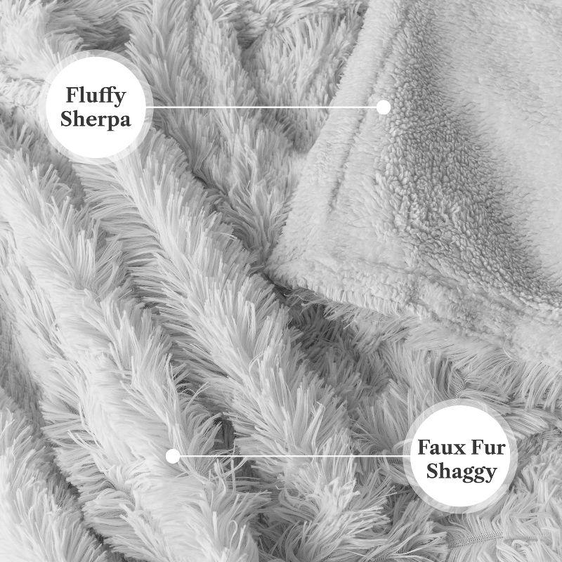 PAVILIA Fluffy Faux Fur Reversible Throw Blanket for Bed, Sofa, and Couch, Light Gray/Throw - 50x60