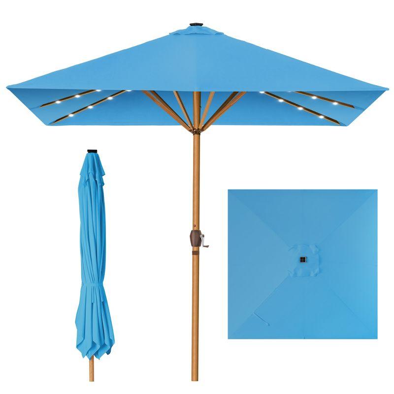 9ft Sky Blue Solar LED Lighted Patio Umbrella with Faux Wood Texture