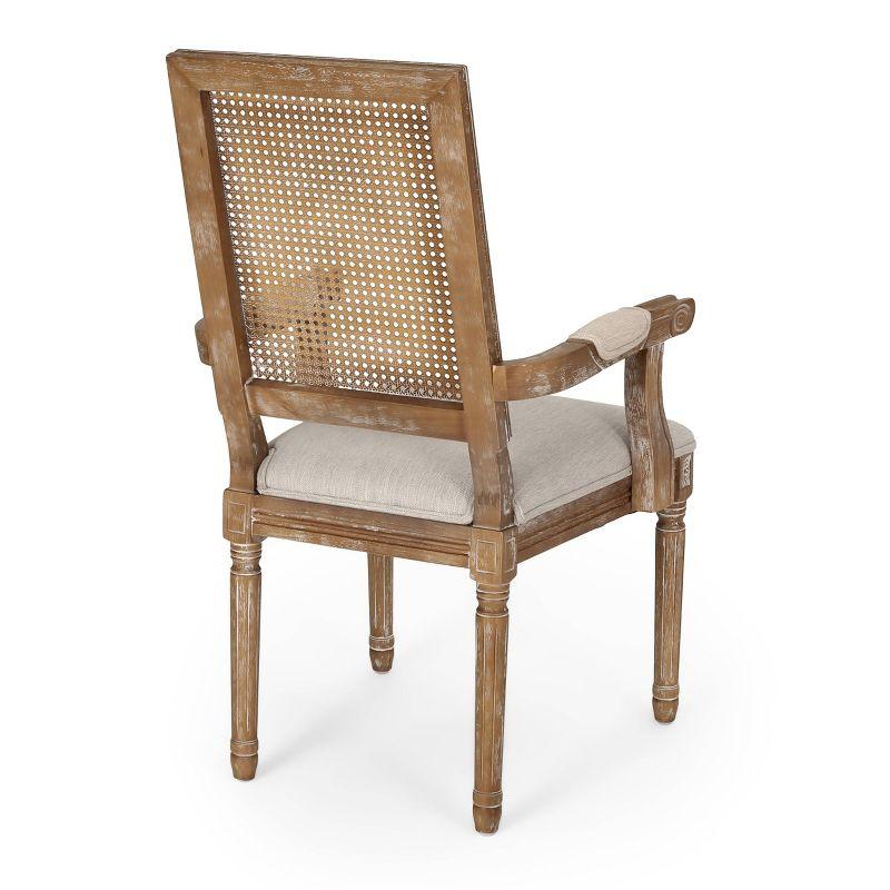 French Country Elegance Beige & Natural Wood Cane Upholstered Arm Chair