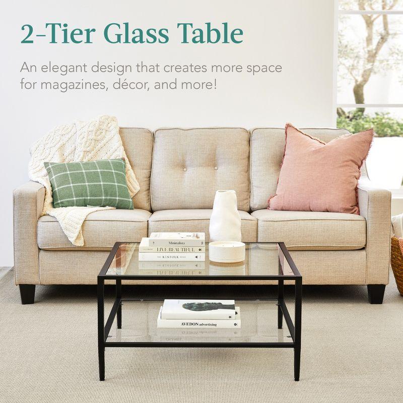 Black Square Metal and Glass 2-Tier Coffee Table