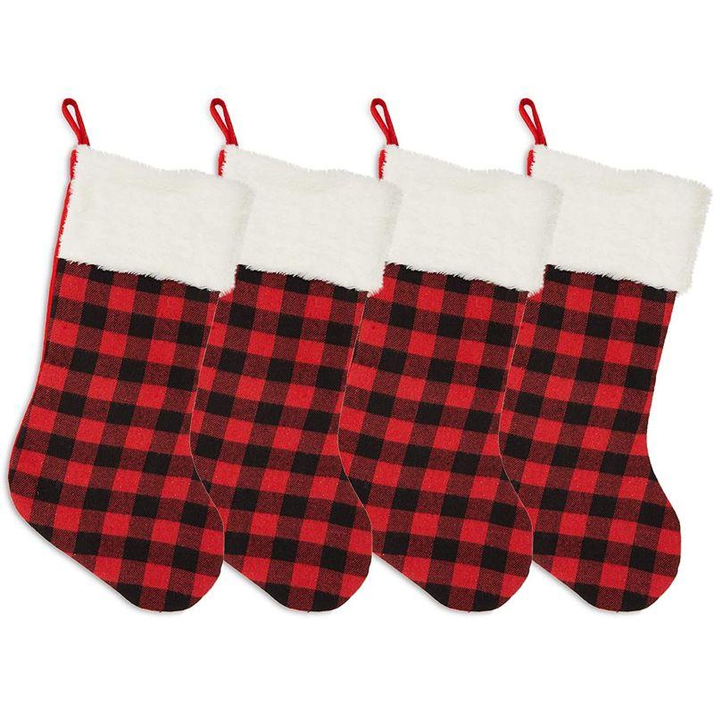 Rustic Red Buffalo Plaid Christmas Stockings with White Cuffs, 19.6 Inches, Set of 4