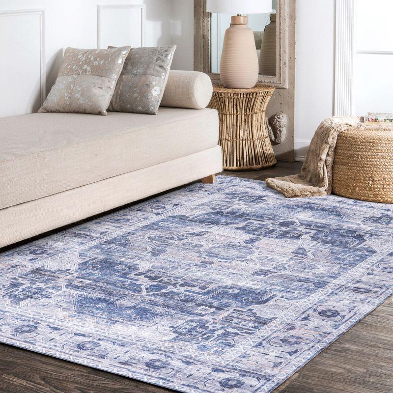 Navy and Cream Medallion 4' x 6' Reversible Washable Rug